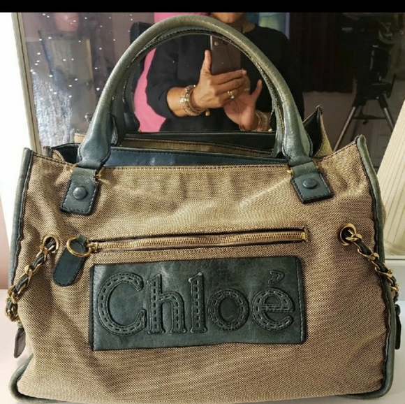 AUTHENTIC CHLOE HARLEY TOTE BAG CANVAS/BLUELEATHER - Picture 13 of 16